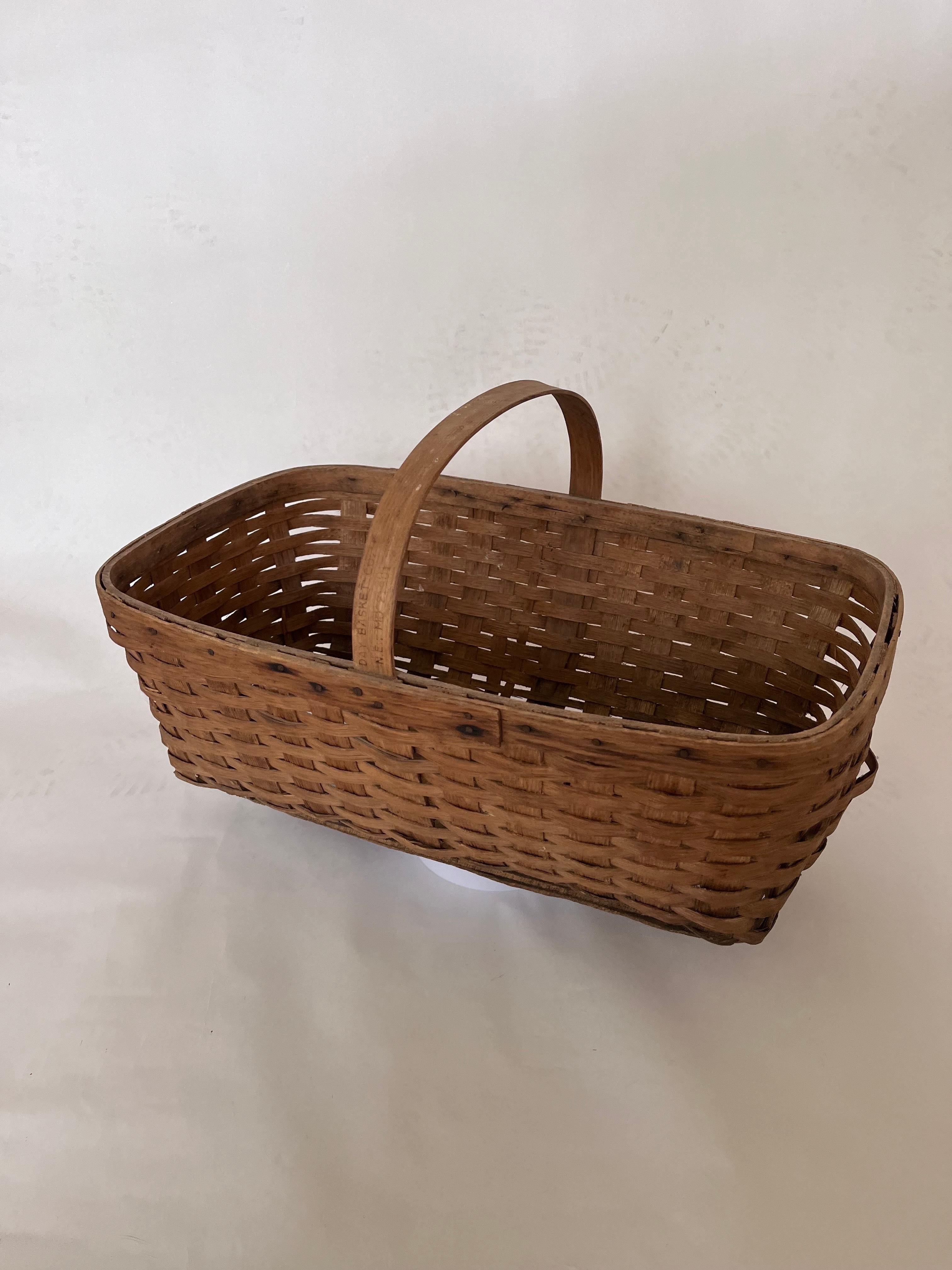 Folk Art 1940s Day Basket Co. Handwoven White Oak Long Market Basket with Stamped Handle For Sale