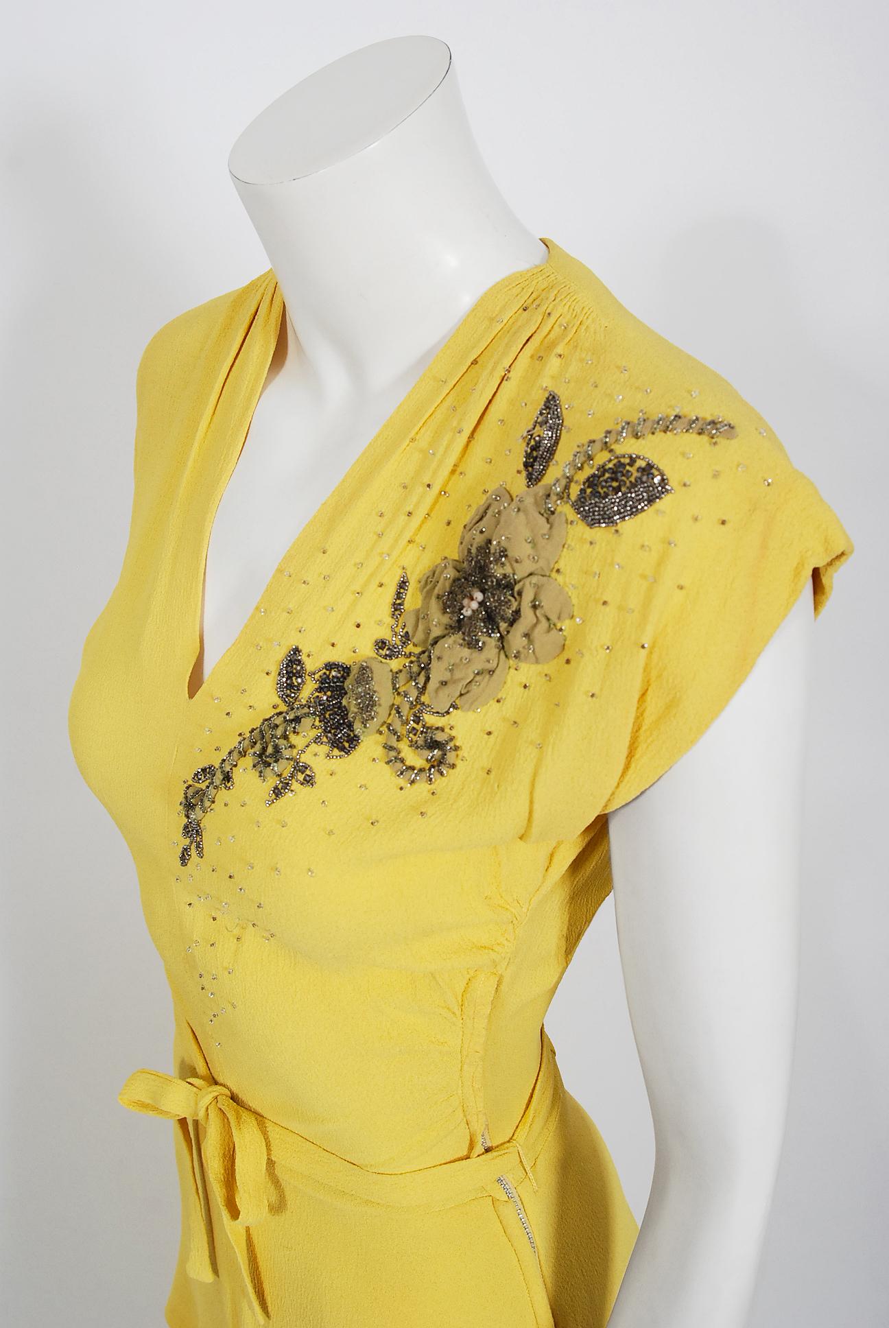 evening dress of bright pink and lemon yellow silk crepe