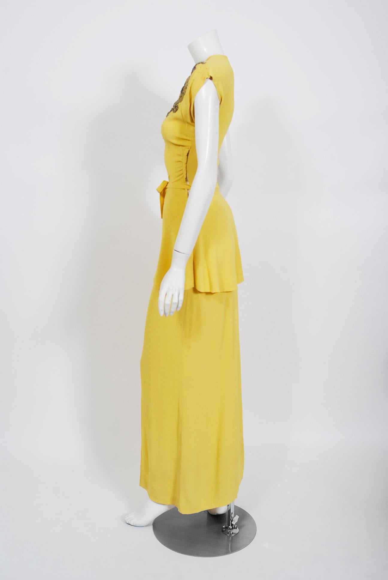 Women's Vintage 1940's De Pinna of New York Lemon Yellow Rayon-Crepe Beaded Peplum Gown