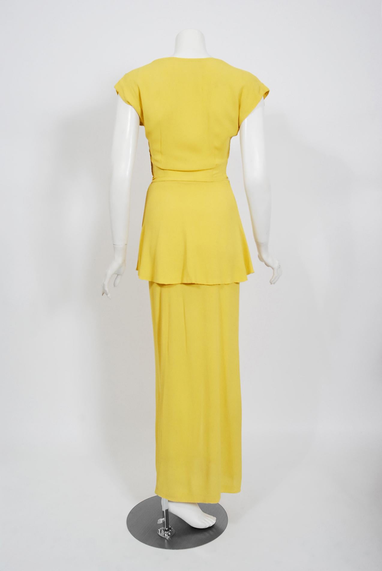 Vintage 1940's De Pinna of New York Lemon Yellow Rayon-Crepe Beaded Peplum Gown 1