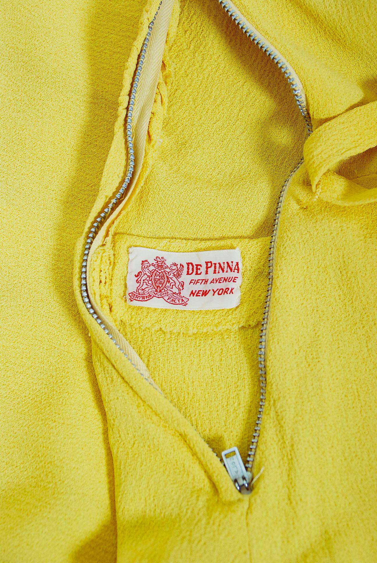 Vintage 1940's De Pinna of New York Lemon Yellow Rayon-Crepe Beaded Peplum Gown 2
