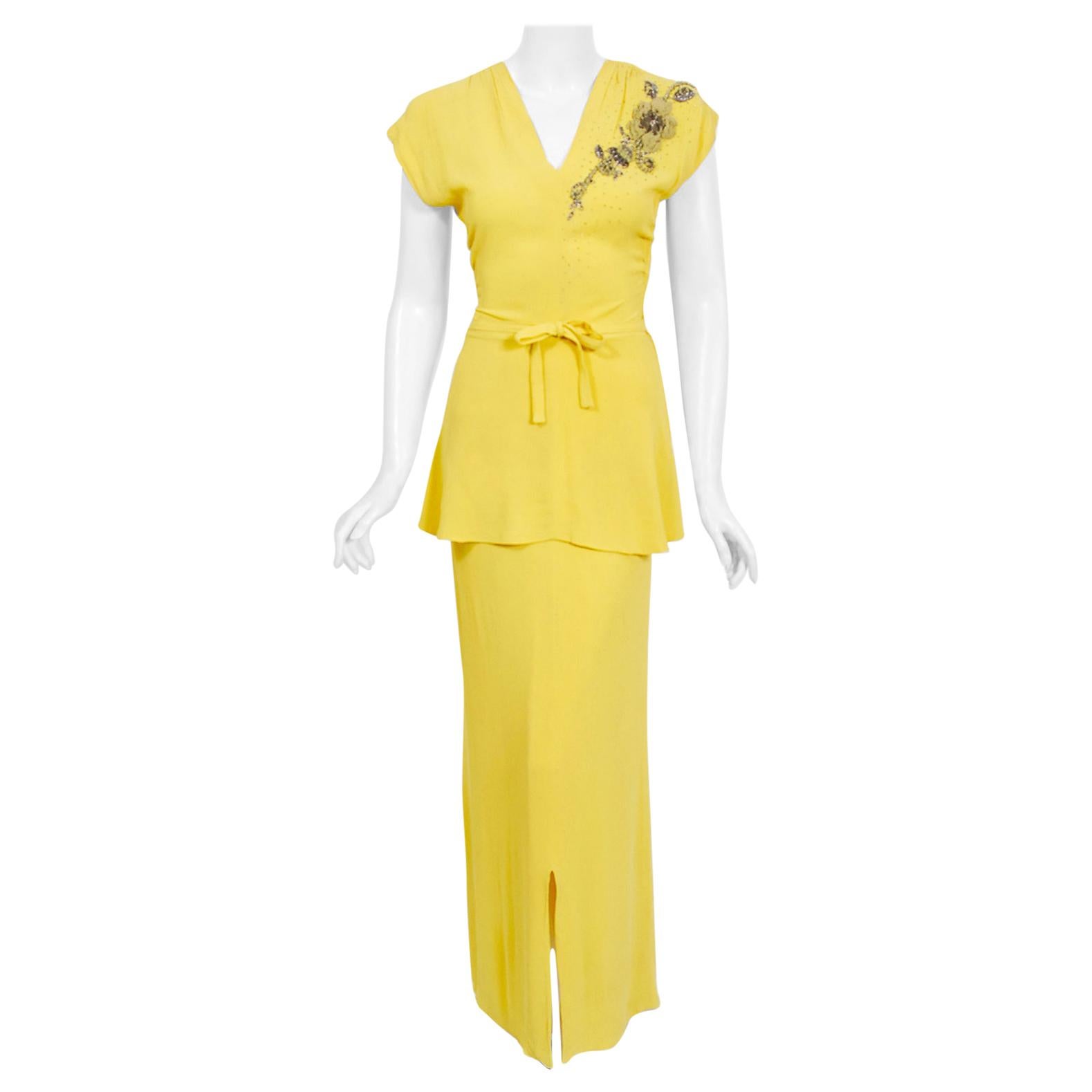 yves saint laurent evening dress of bright pink and lemon yellow silk crepe