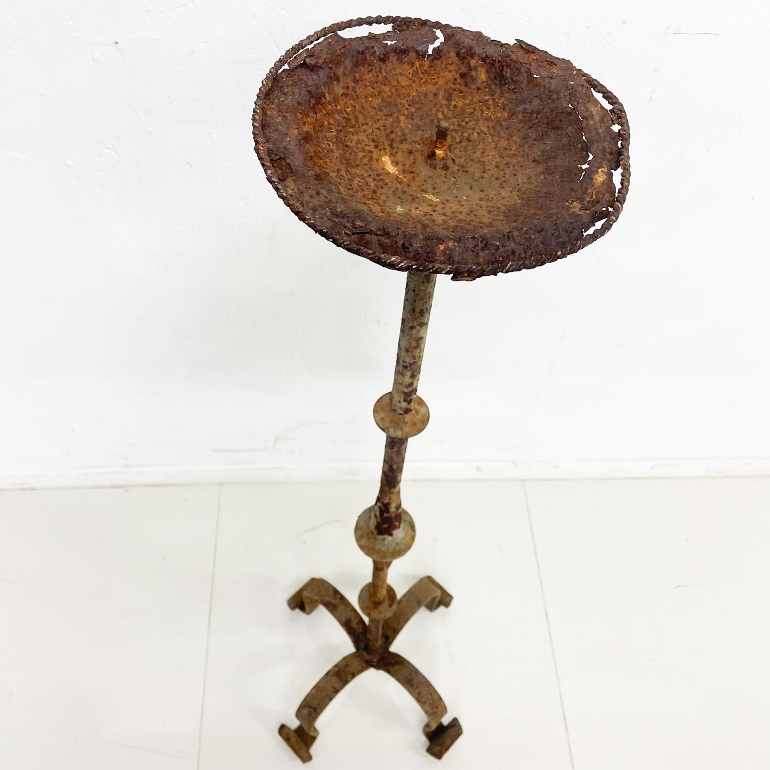 1940s Sculptural Distress Hand Forged Iron Floor Stand Tall Rustic Candle Holder 4