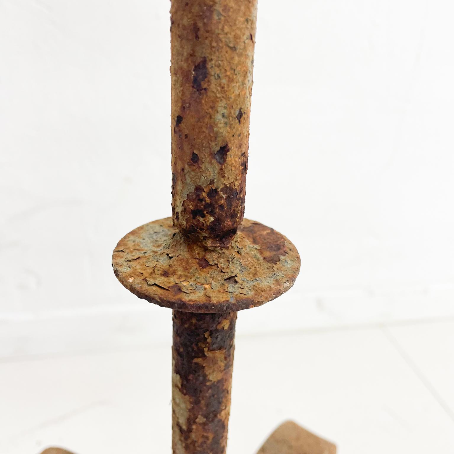 1940s Sculptural Distress Hand Forged Iron Floor Stand Tall Rustic Candle Holder In Fair Condition In Chula Vista, CA
