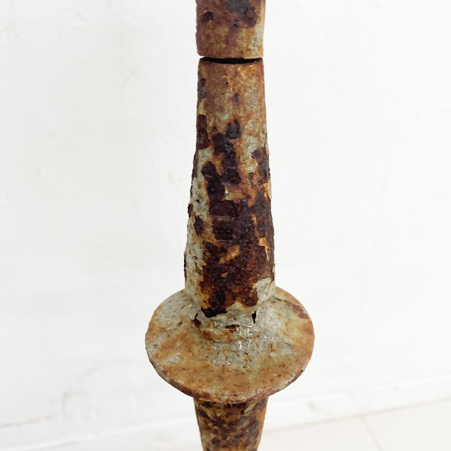 Mid-20th Century 1940s Sculptural Distress Hand Forged Iron Floor Stand Tall Rustic Candle Holder