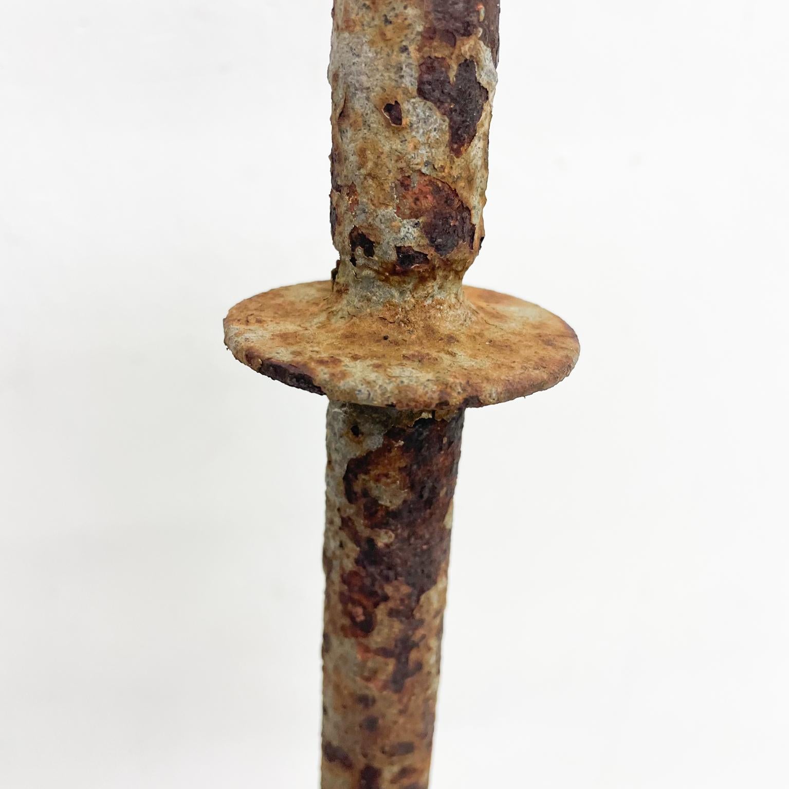 1940s Sculptural Distress Hand Forged Iron Floor Stand Tall Rustic Candle Holder 1