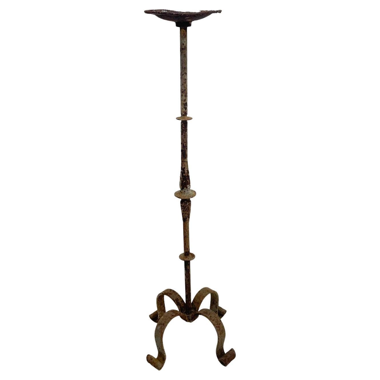 1940s Sculptural Distress Hand Forged Iron Floor Stand Tall Rustic Candle Holder