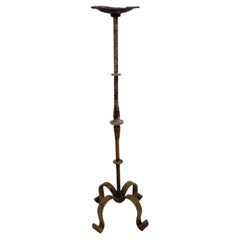 1940s Sculptural Distress Hand Forged Iron Floor Stand Tall Rustic Candle Holder
