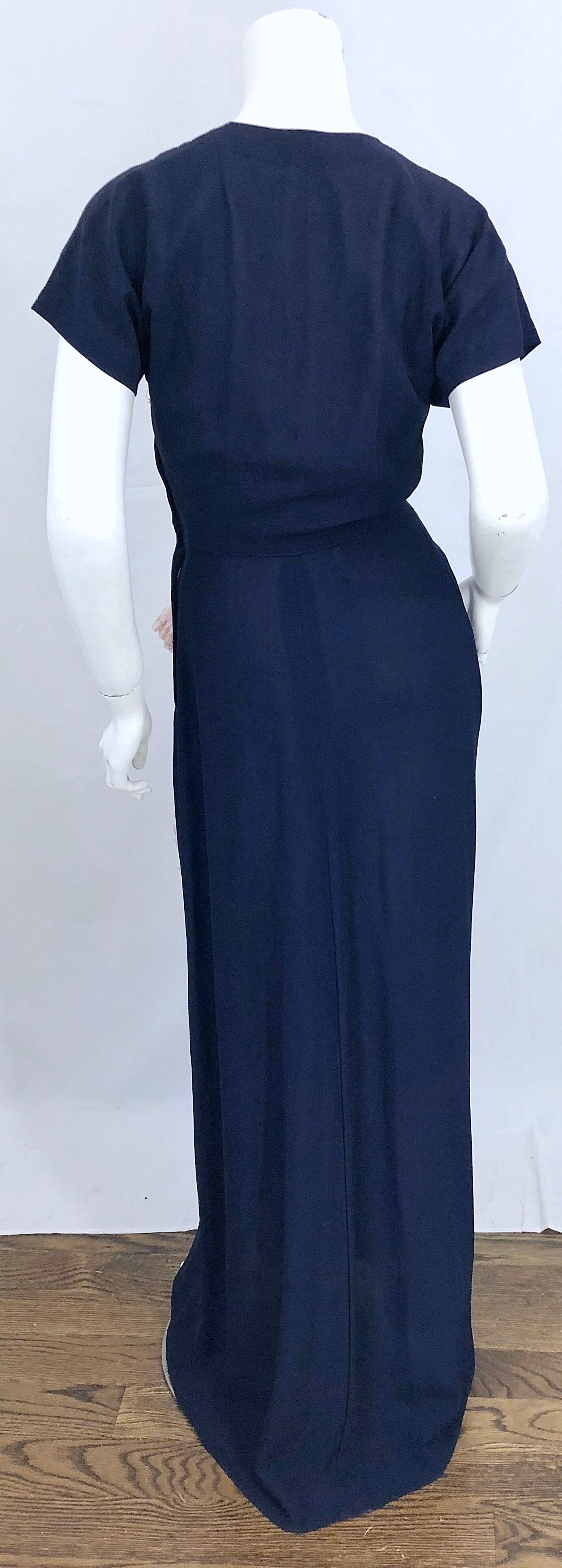 1940s Demi Couture Navy Blue + Pale Pink Short Sleeve 40s Vintage Gown / Dress For Sale 5