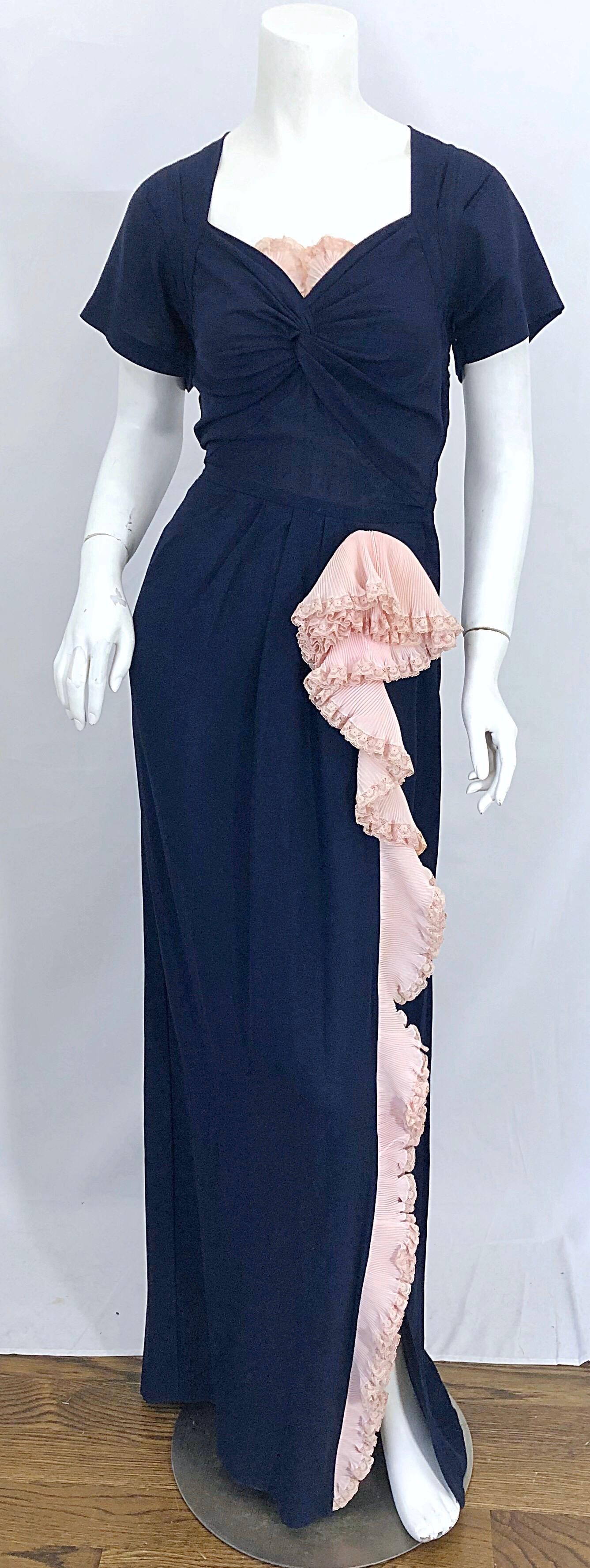 1940s Demi Couture Navy Blue + Pale Pink Short Sleeve 40s Vintage Gown / Dress For Sale 6