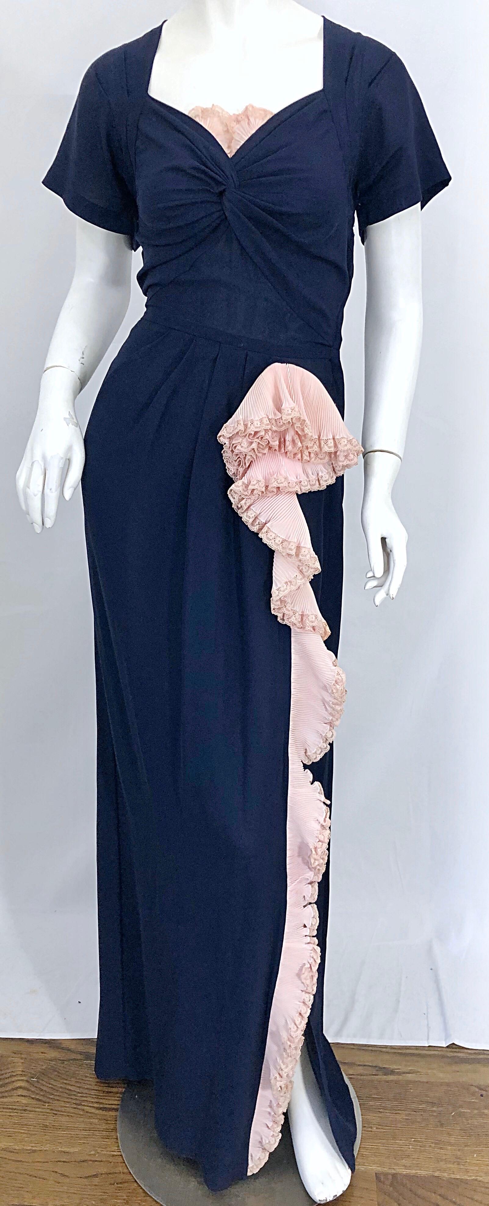 1940s Demi Couture Navy Blue + Pale Pink Short Sleeve 40s Vintage Gown / Dress For Sale 1