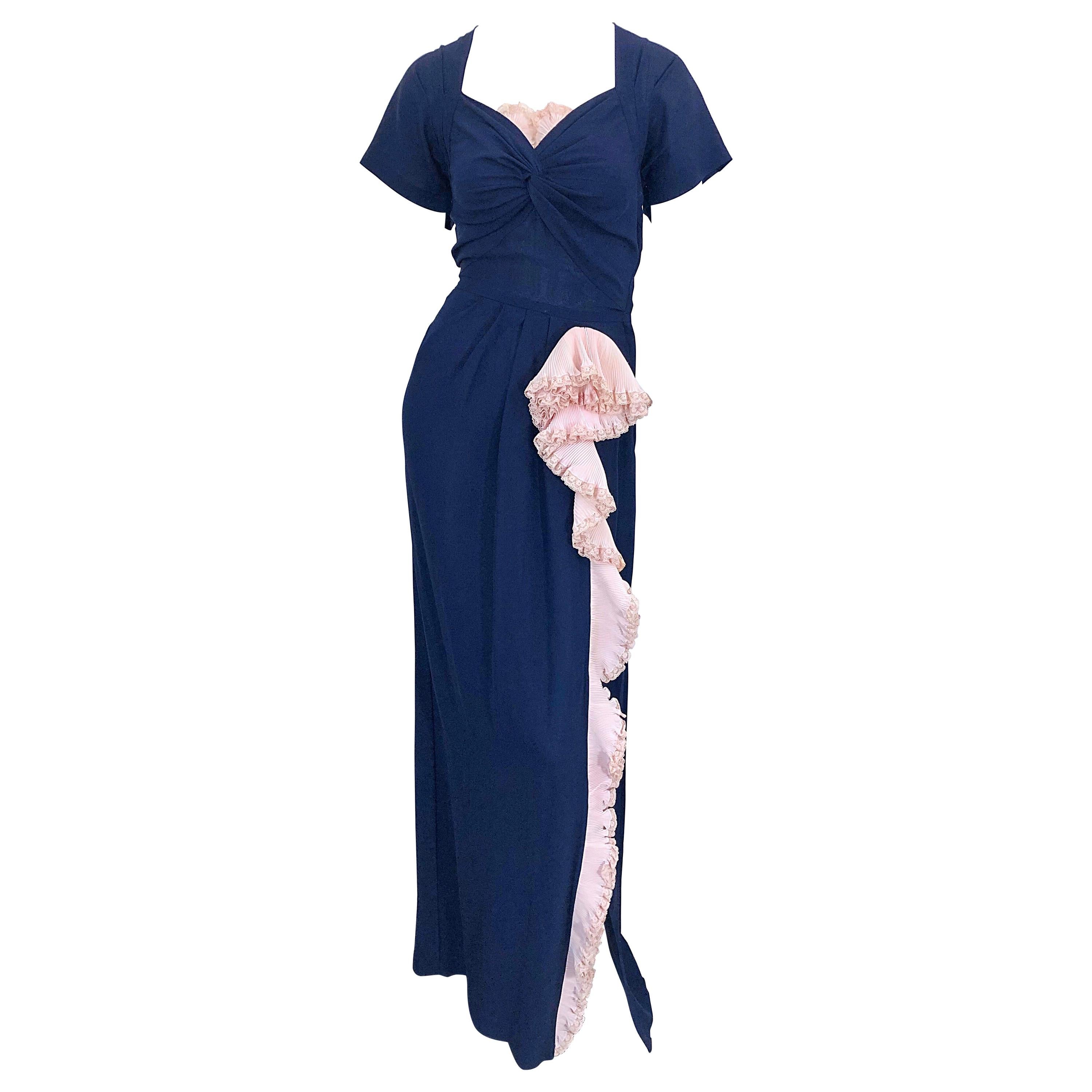 1940s Demi Couture Navy Blue + Pale Pink Short Sleeve 40s Vintage Gown / Dress