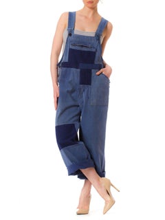 1930S Blue Cotton Men's Heavily Distressed Patchwork French Workwear Overalls
