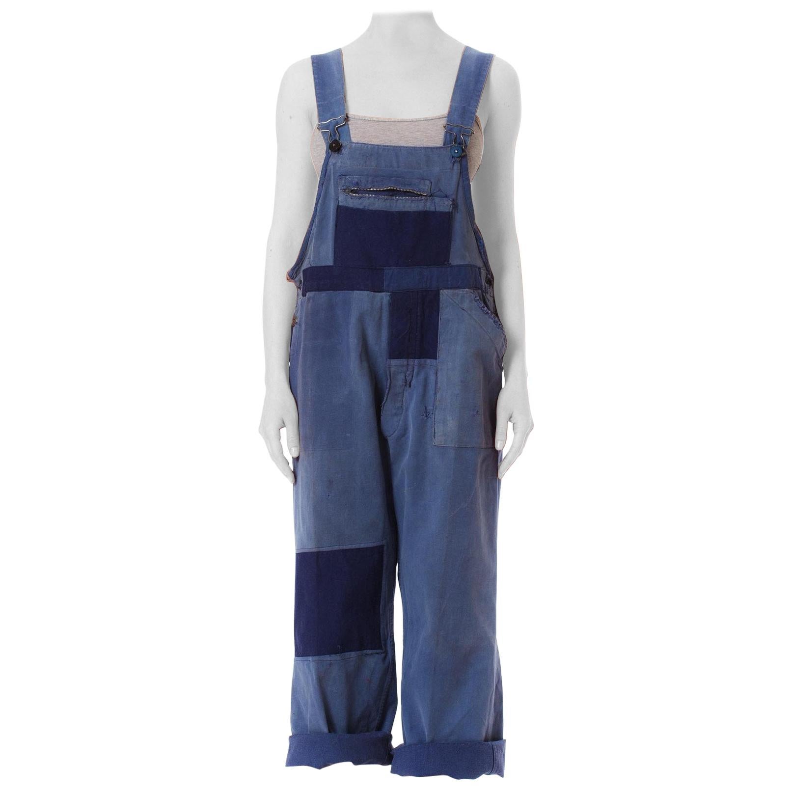 1930S Blue Cotton Men's Heavily Distressed Patchwork French Workwear Overalls For Sale