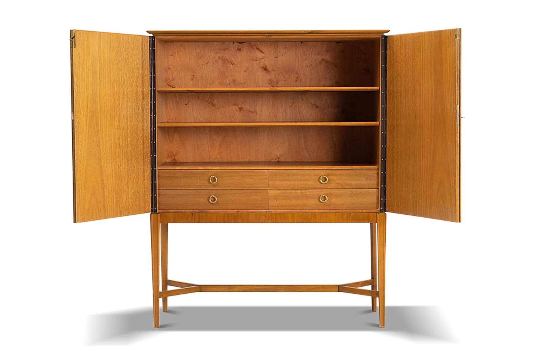 Mid-Century Modern 1940s detailed intarsia walnut swedish cabinet by erik mattson For Sale