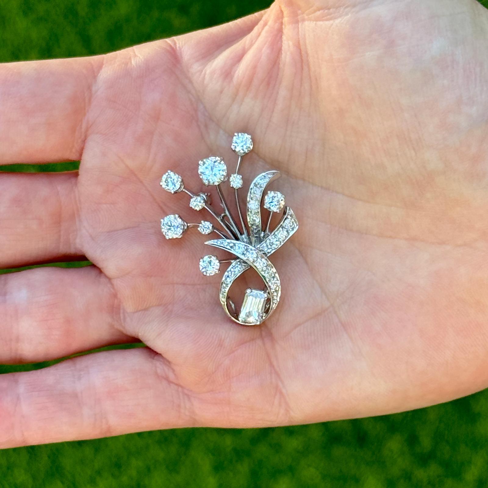 Mixed Cut 1940's Diamond 14 Karat White Gold Spray Brooch Pendant For Sale