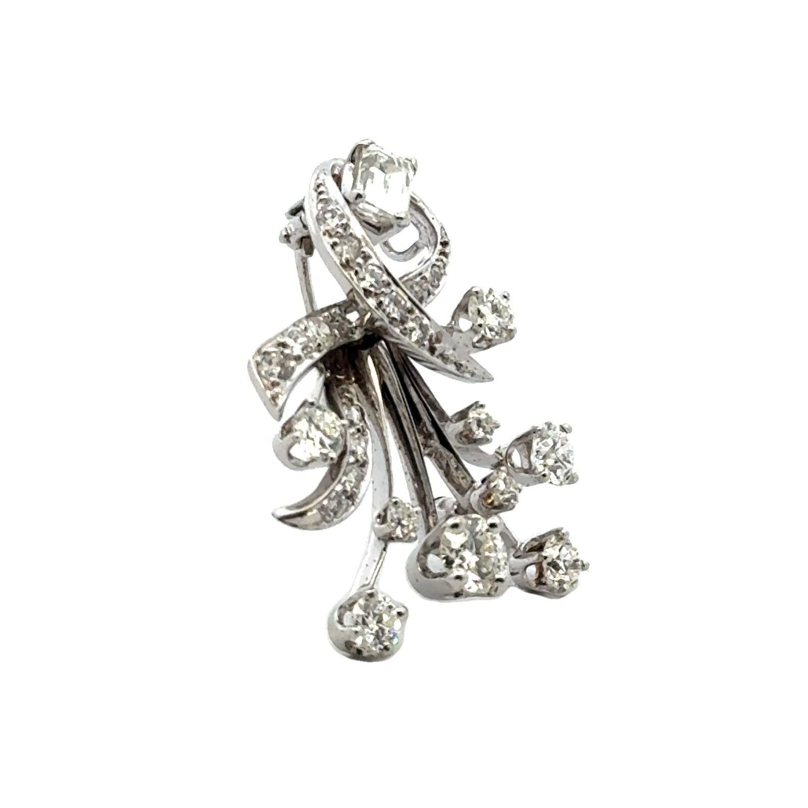1940's Diamond 14 Karat White Gold Spray Brooch Pendant In Excellent Condition For Sale In Boca Raton, FL