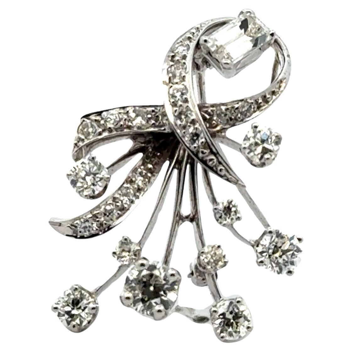 1940's Diamond 14 Karat White Gold Spray Brooch Pendant