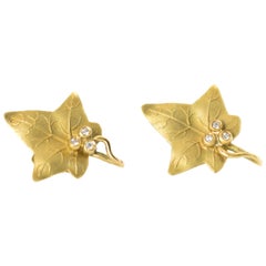 Vintage 1940s Diamond and 18 Karat Yellow Gold Maple Leaf Earrings