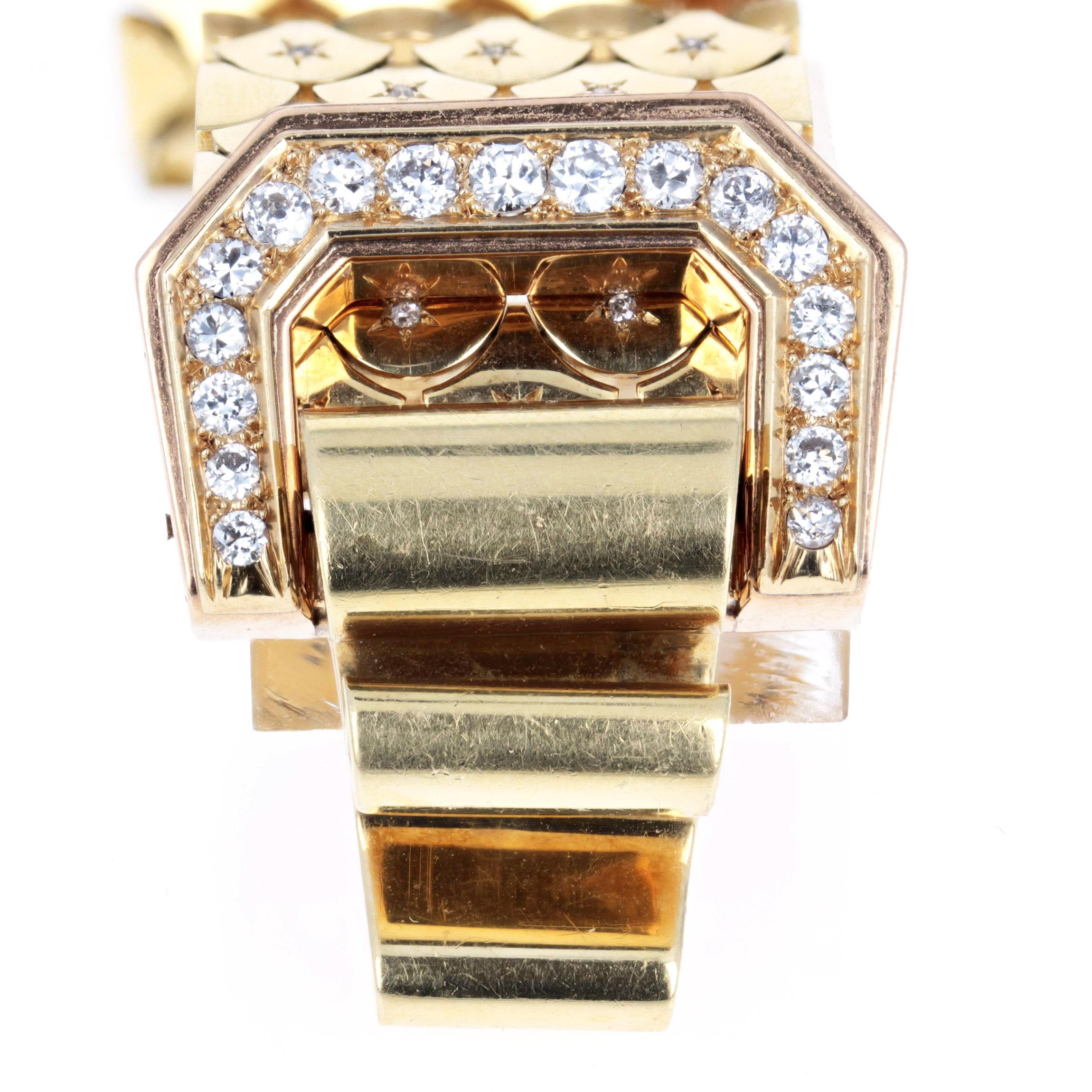 Round Cut Retro 1940s French Diamond Gold Buckle Bracelet For Sale