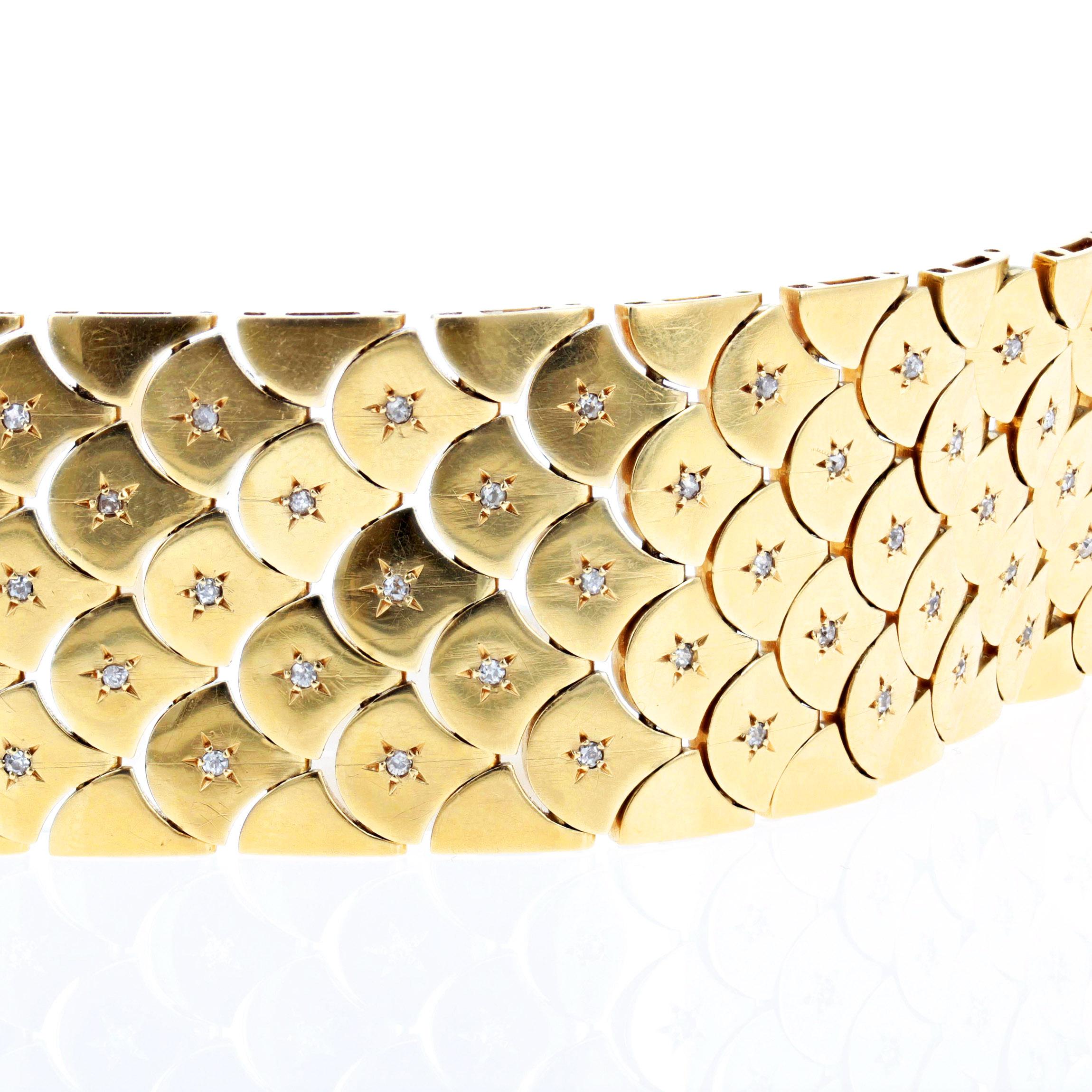 Retro 1940s French Diamond Gold Buckle Bracelet In Good Condition For Sale In New York, NY