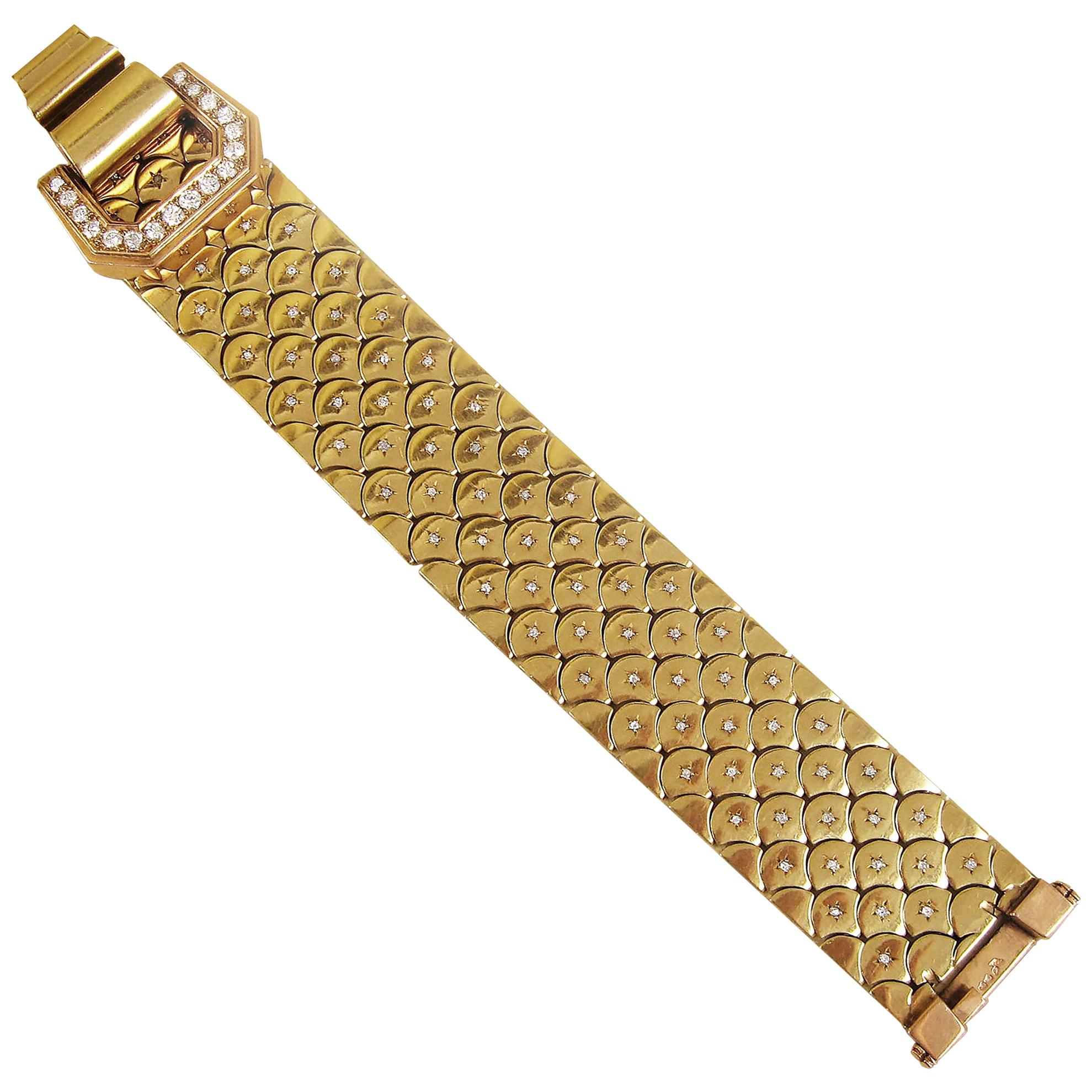Retro 1940s French Diamond Gold Buckle Bracelet For Sale
