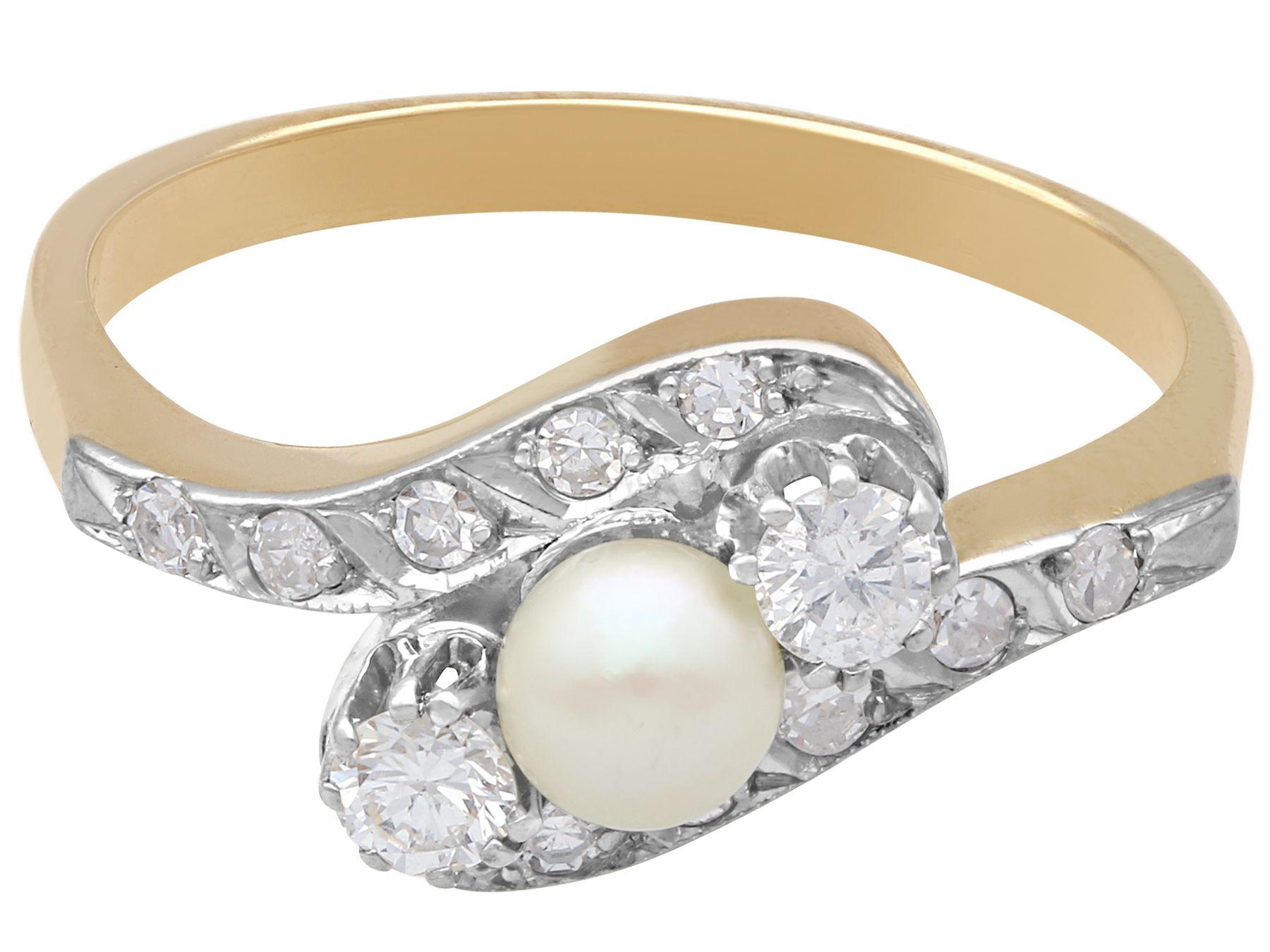Round Cut 1940s Diamond and Pearl Yellow Gold and White Gold Set Cocktail Ring For Sale