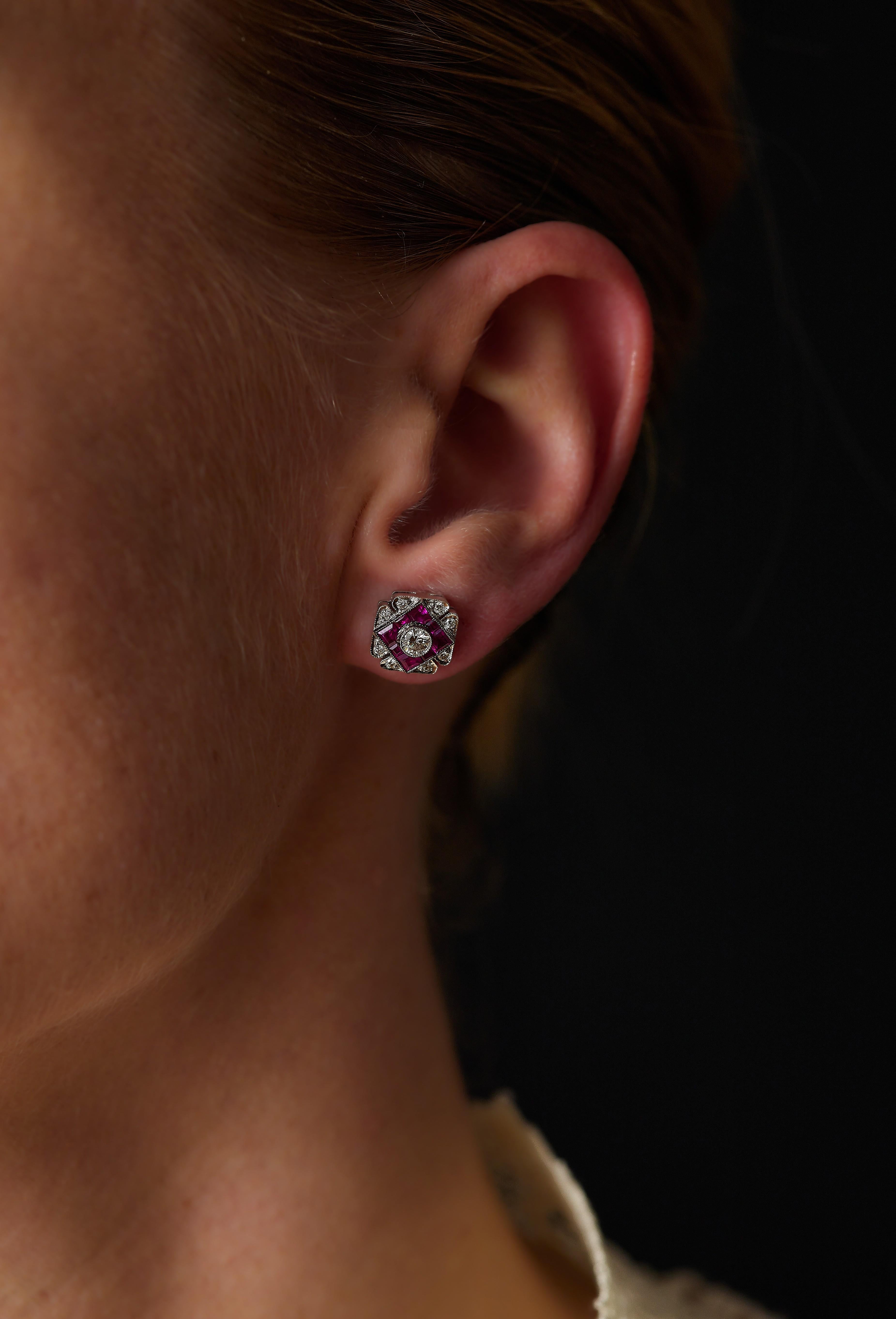 Retro 1940s diamond and ruby four-leaf clover earrings. For Sale