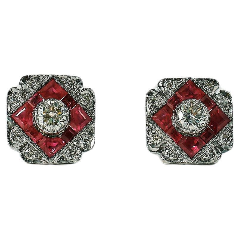 1940s diamond and ruby four-leaf clover earrings. For Sale
