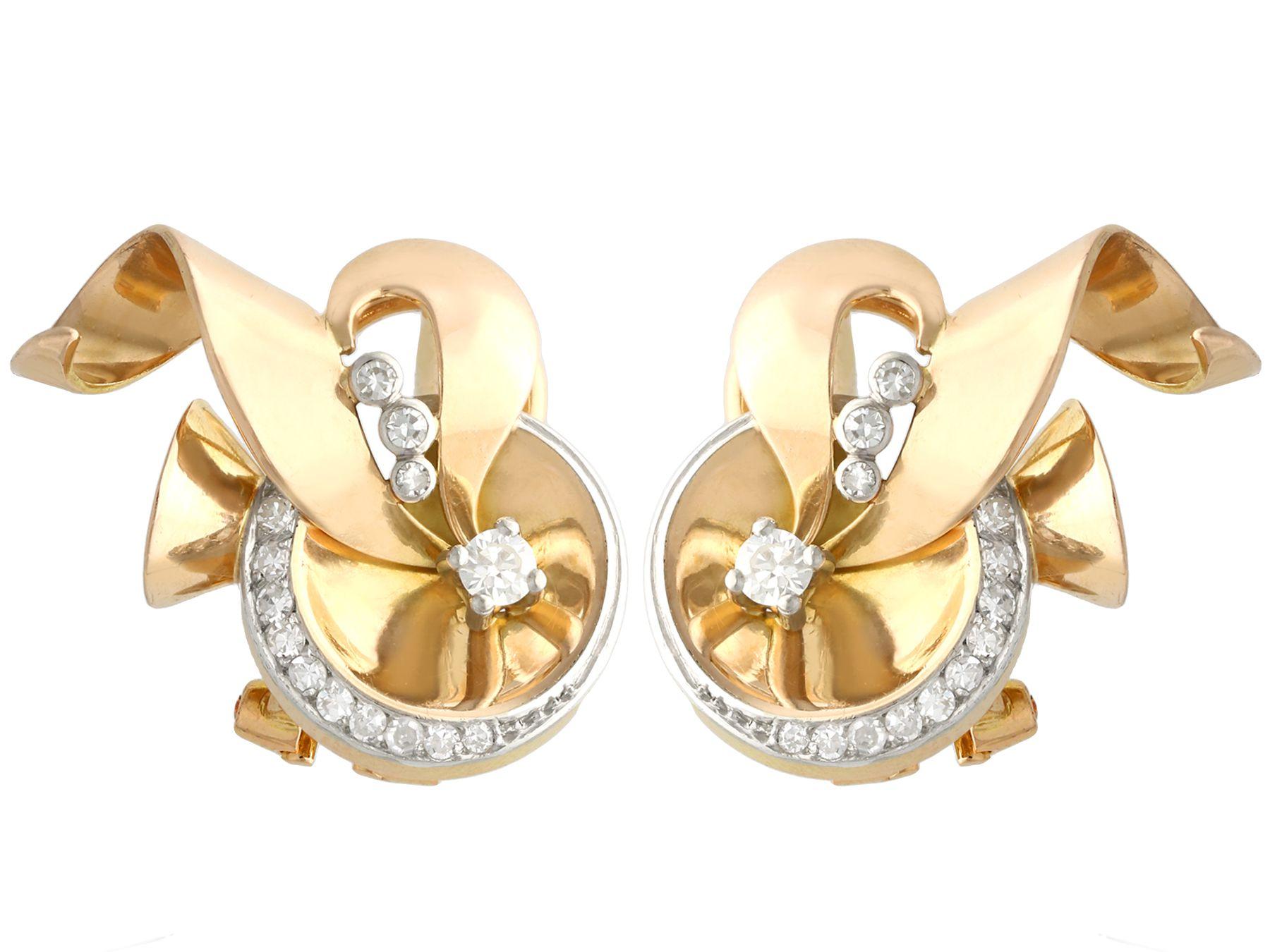 A fine and impressive pair of vintage 1940s 0.44 carat diamond and 18 karat yellow gold earrings; part of our diverse vintage jewellery and estate jewelry collections.

These fine and impressive vintage Art Deco earrings have been crafted in 18k