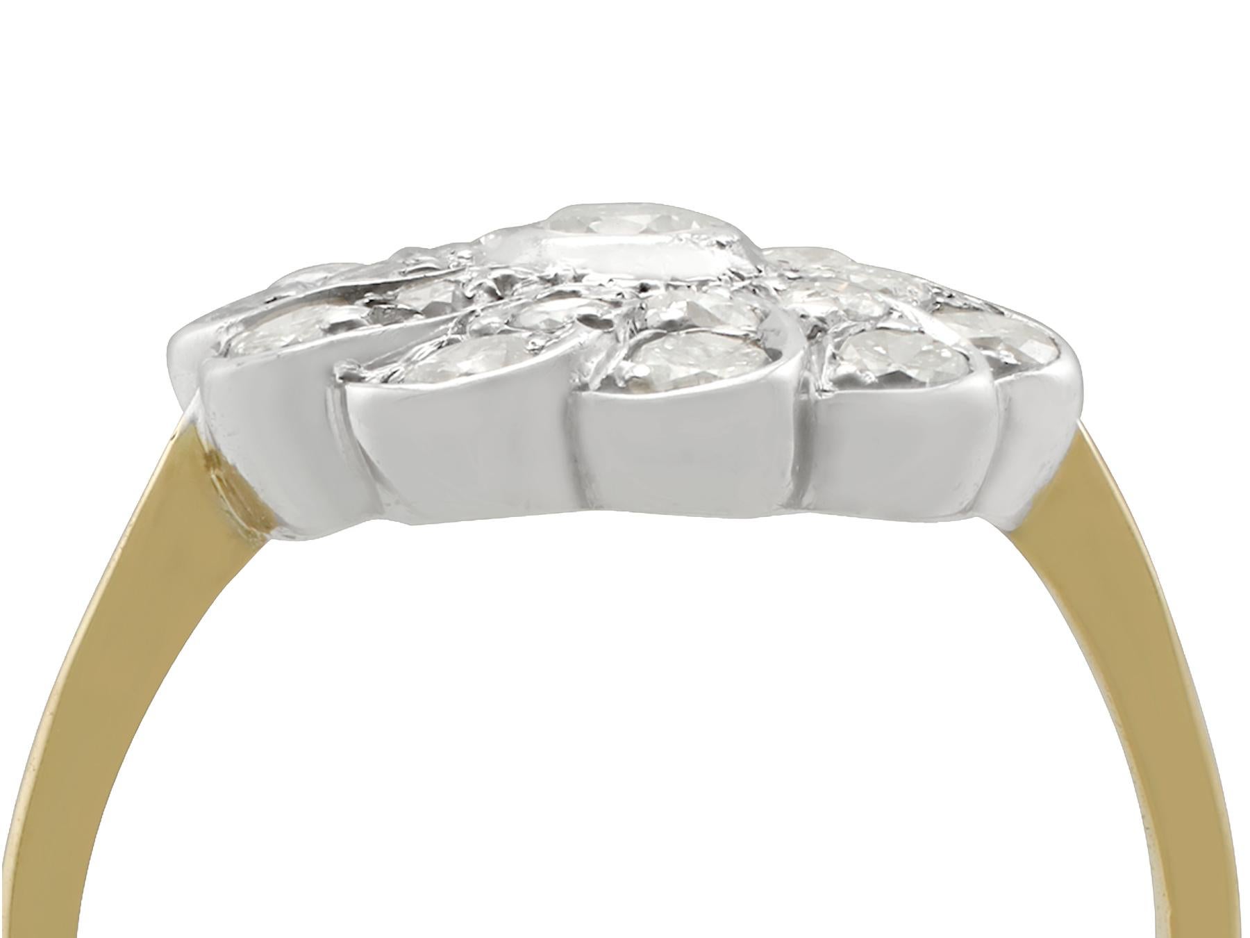 A fine and impressive vintage 0.68 carat diamond and 14 karat yellow gold, silver set cluster ring; part of our diamond ring collection

This fine and impressive vintage diamond cluster ring has been crafted in 14k yellow gold with a silver