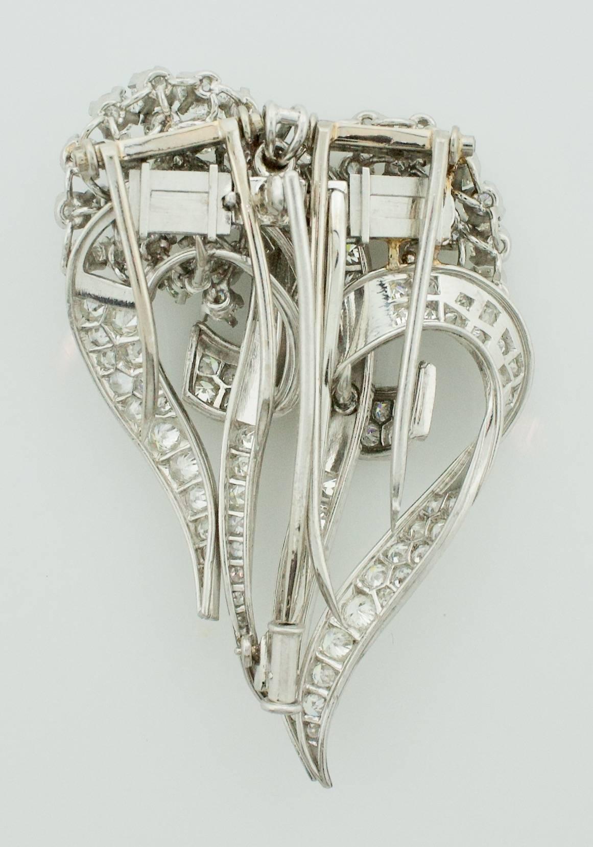 Round Cut Versatile 1940s Diamond Brooch Clips 6.30 Carats  For Sale
