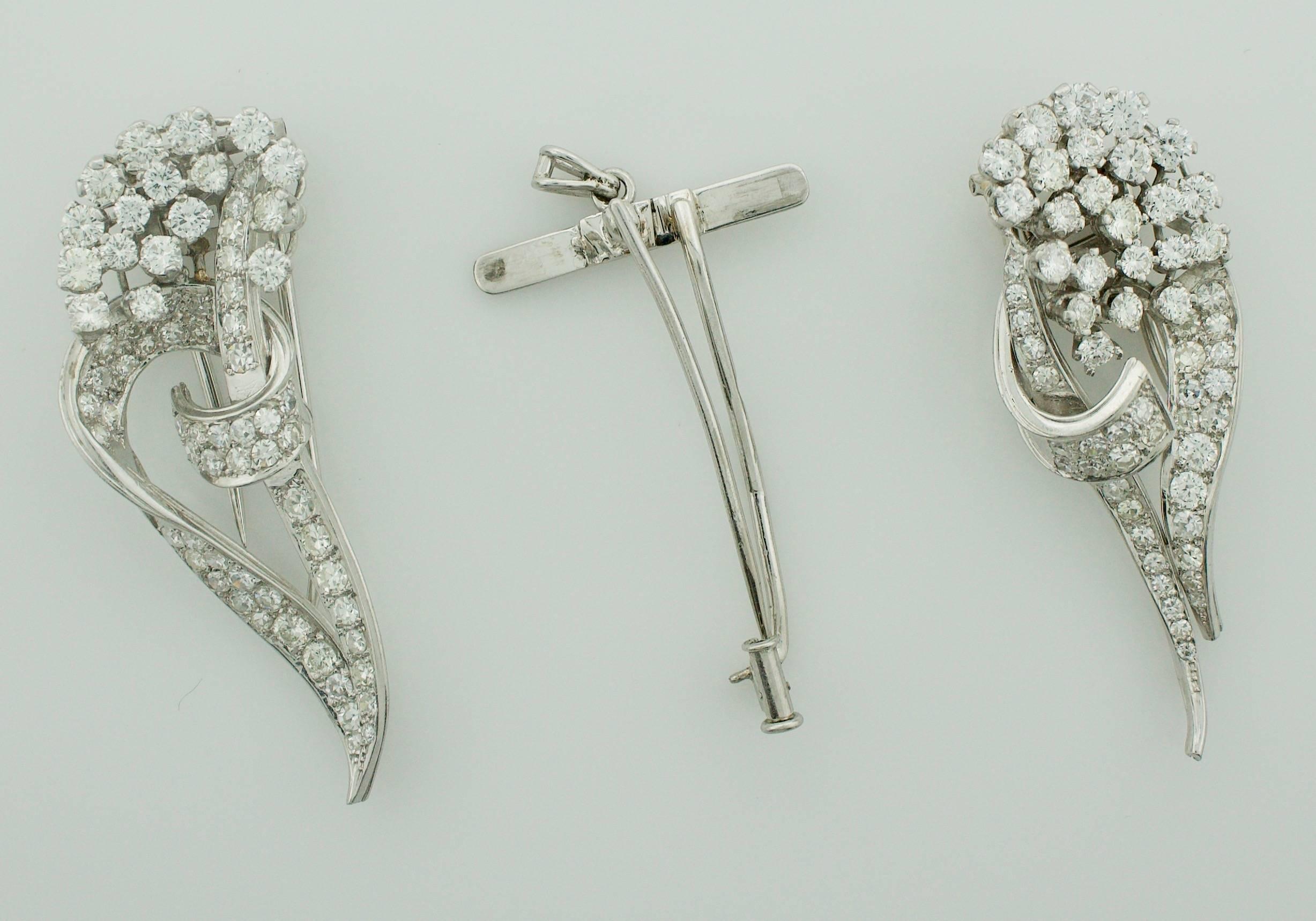 Versatile 1940s Diamond Brooch Clips 6.30 Carats  For Sale 4