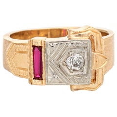 1940s Diamond Buckle Ring 14 Karat Yellow Gold Retro Estate Fine Jewelry Belt