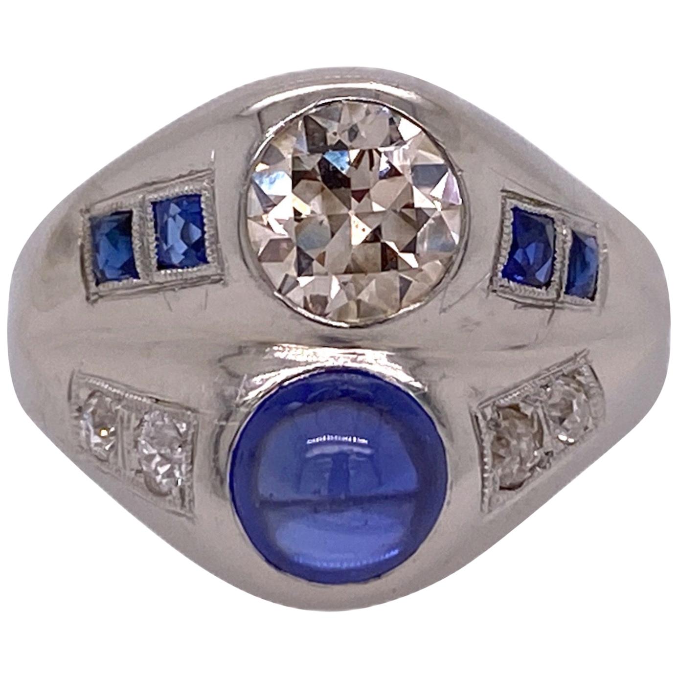 1940s Diamond Cabochon Blue Sapphire 18 Karat White Gold Vintage Ring