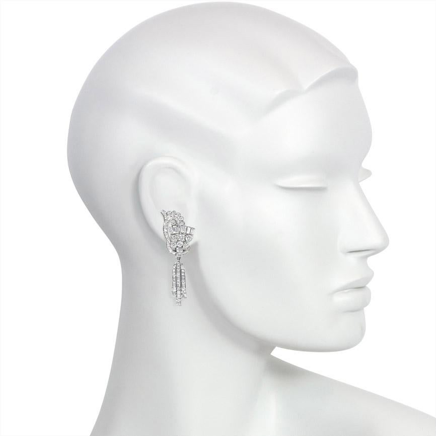 Baguette Cut 1940s Diamond and Platinum Day-to-Night Earrings with Removable Fringe Pendants