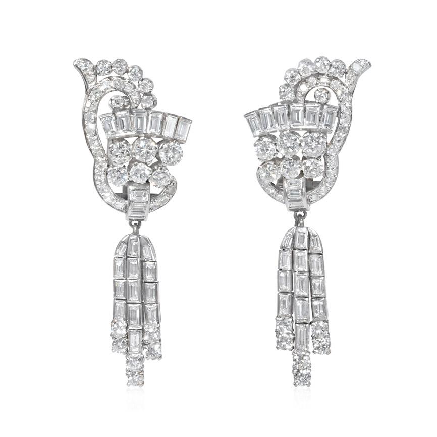 1940s Diamond and Platinum Day-to-Night Earrings with Removable Fringe Pendants