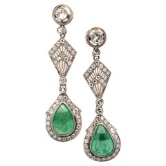 Antique 1940s Diamond Emerald Platinum Drop Filigree Estate Earrings