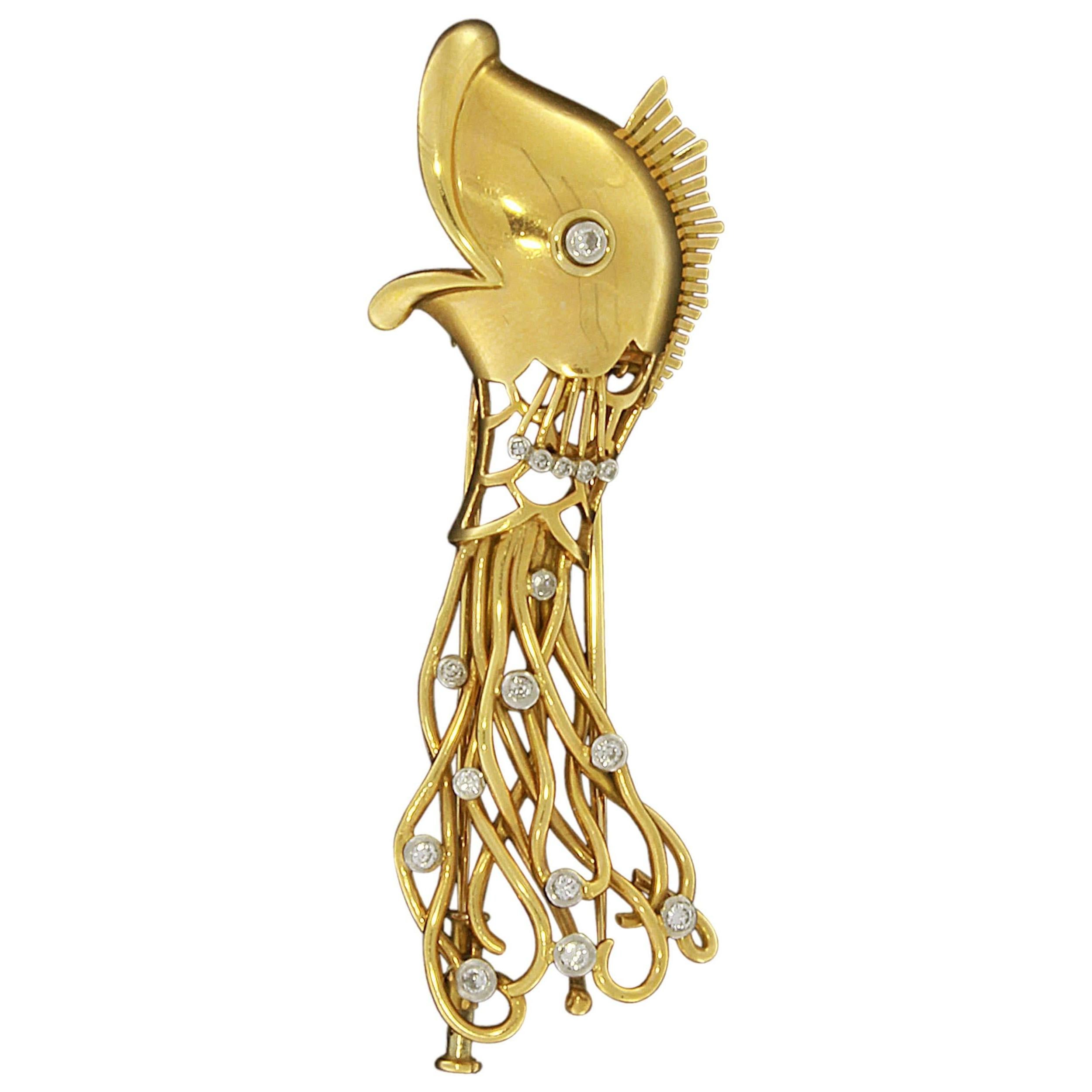 1940s Diamond Gold Fish Brooch For Sale