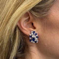 1940's Diamond Natural Blue Sapphire 18 Karat White Gold Leverback Earrings