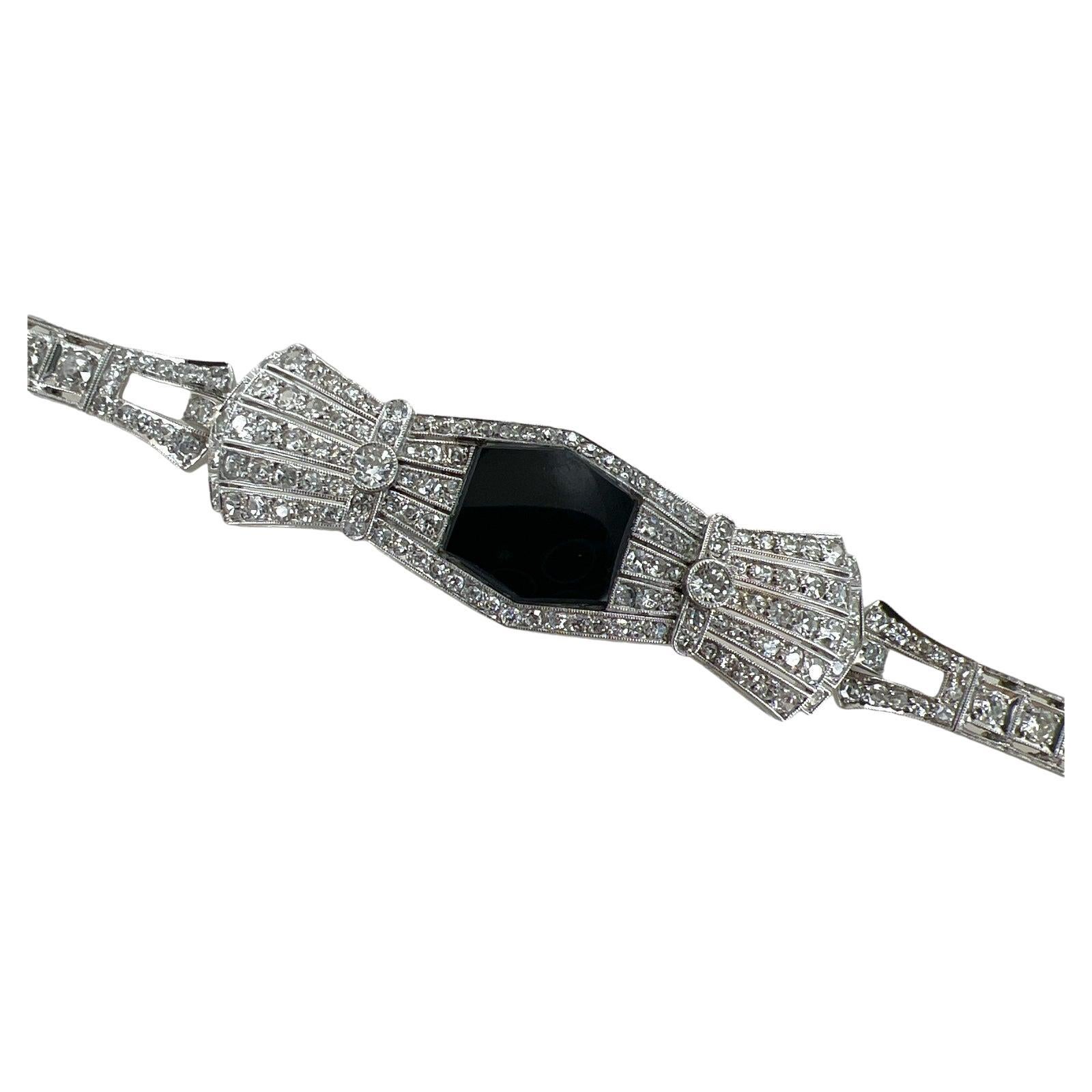 Round Cut 1940's Diamond Onyx Platinum Estate Vintage Bracelet