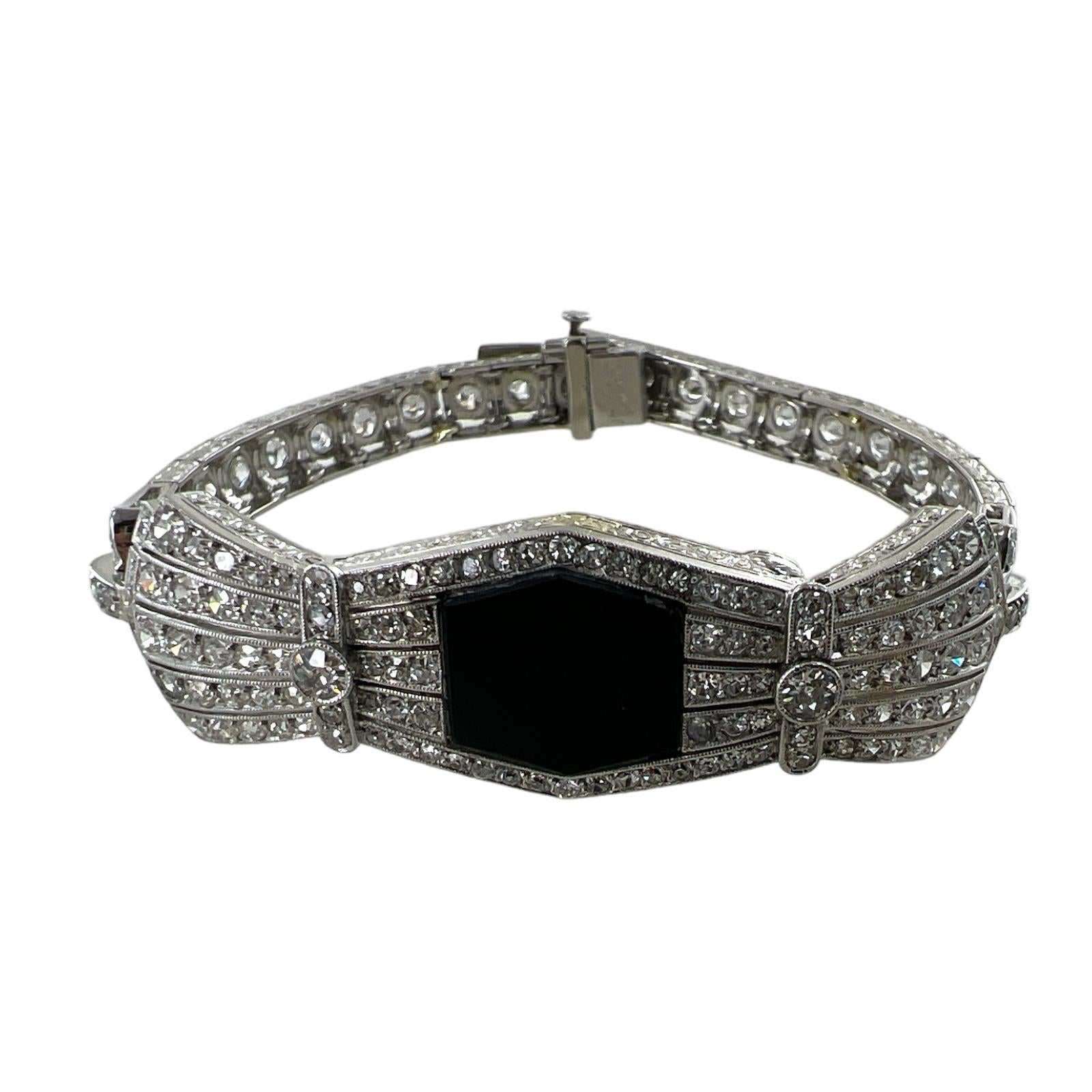 1940's Diamond Onyx Platinum Estate Vintage Bracelet In Good Condition In Boca Raton, FL