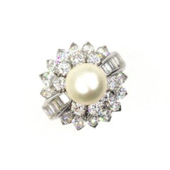1940s  Diamond Pearl Platinum Cocktail Ring