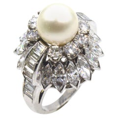 1940s  Diamond Pearl Platinum Cocktail Ring