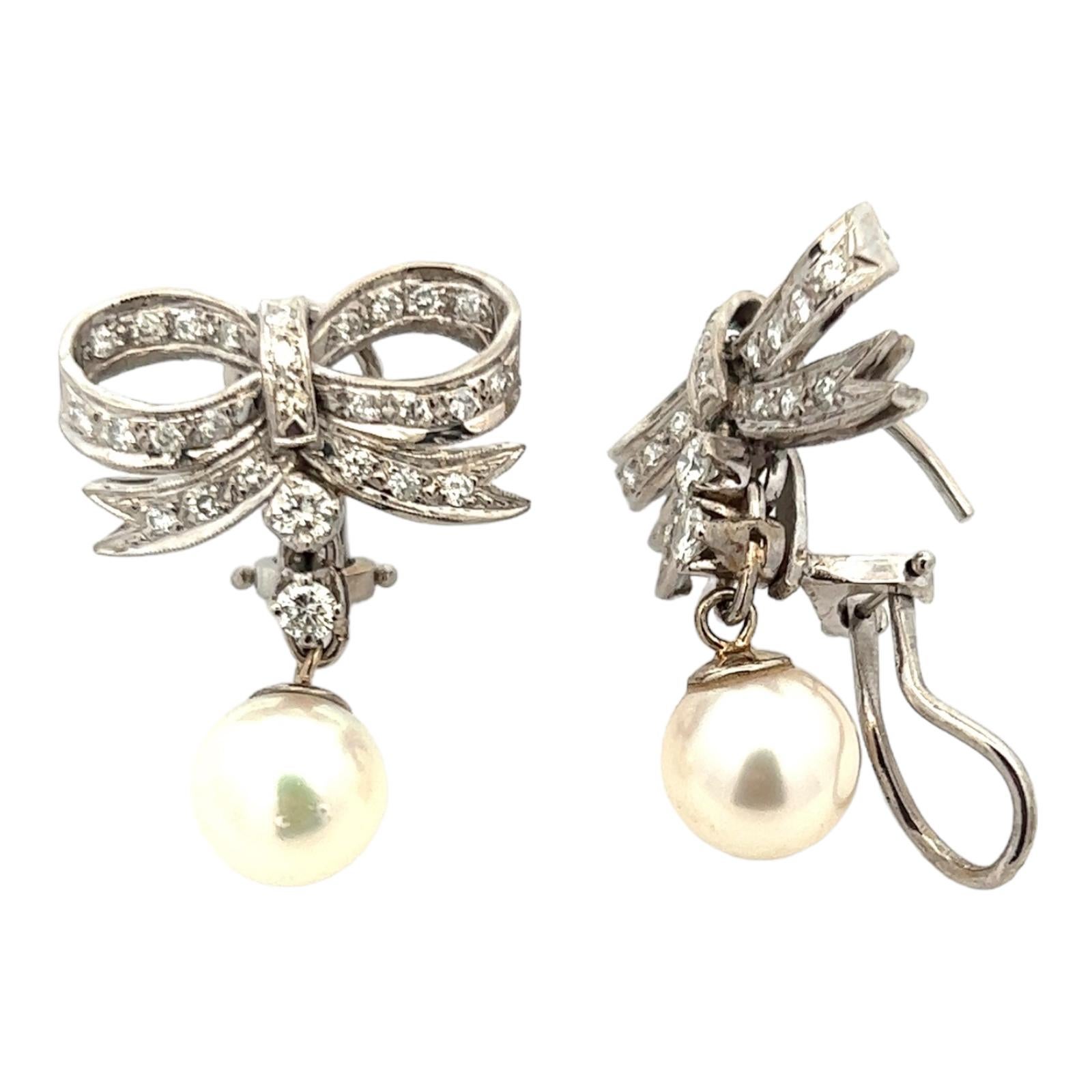 Round Cut 1940's Diamond Ribbon Cultured Pearl 14 Karat White Gold Vintage Drop Earrings For Sale