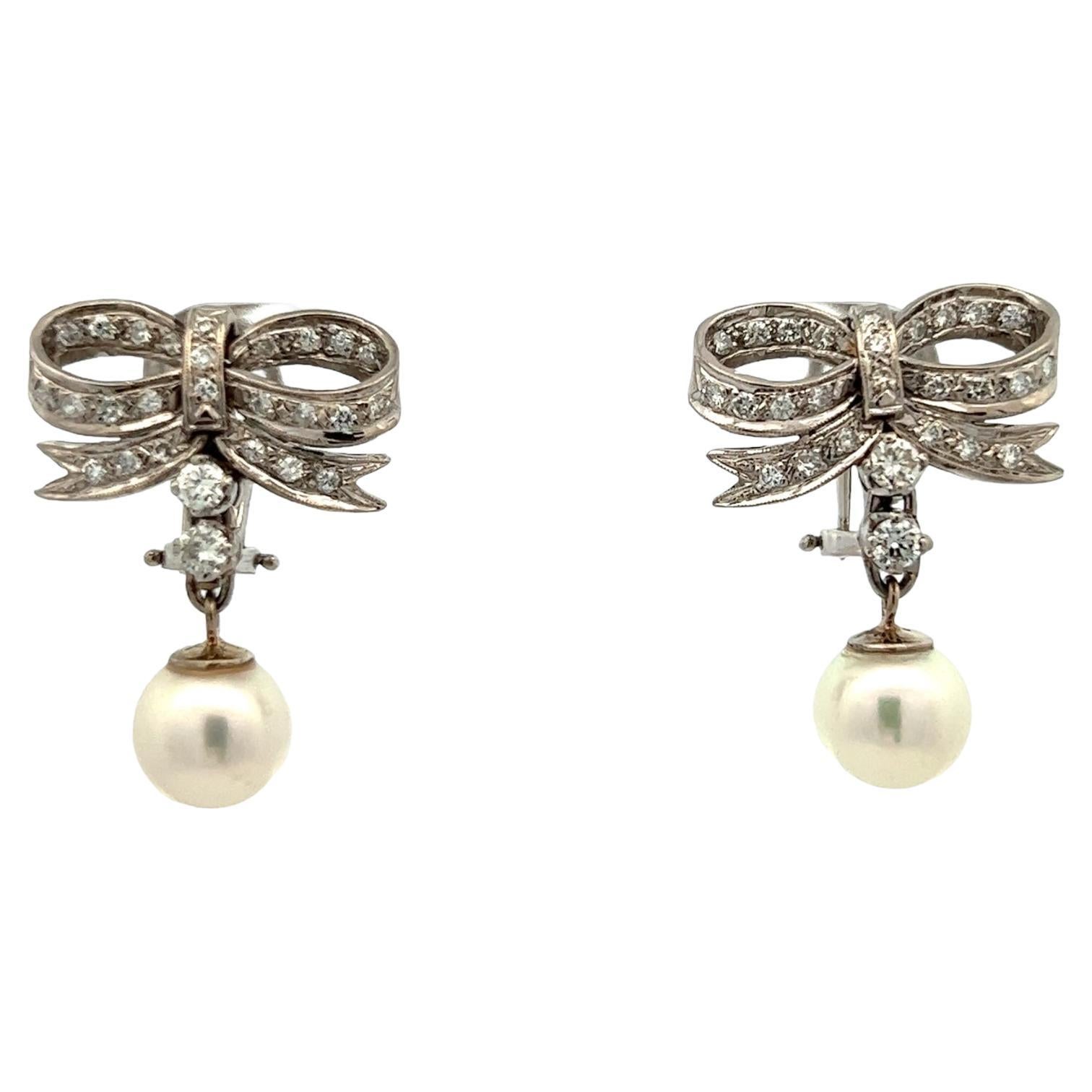 1940's Diamond Ribbon Cultured Pearl 14 Karat White Gold Vintage Drop Earrings For Sale