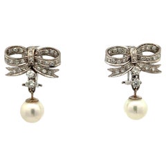 1940's Diamond Ribbon Cultured Pearl 14 Karat White Gold Vintage Drop Earrings