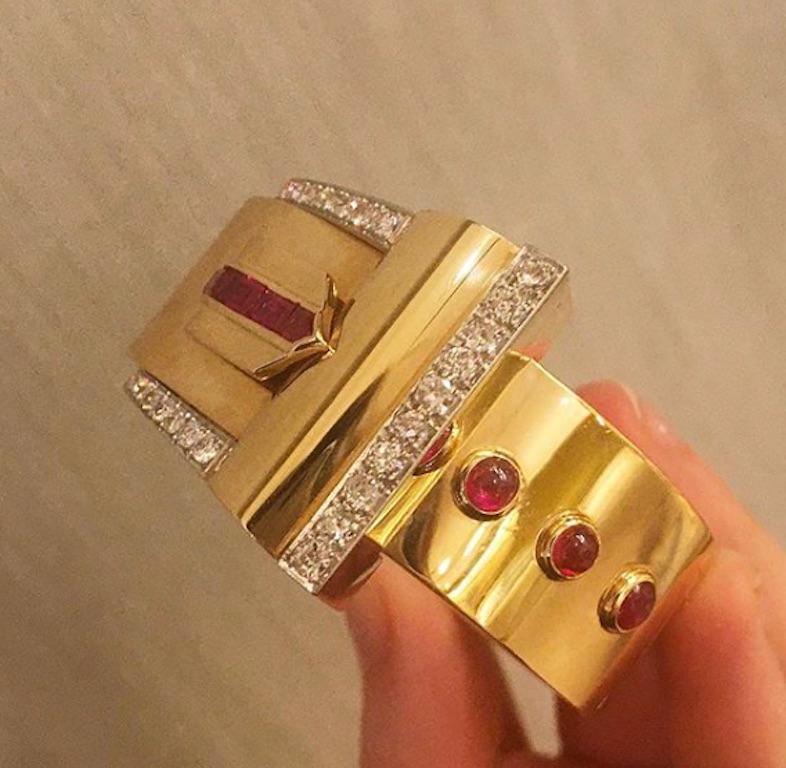 1940s Diamond Ruby Gold Cuff of Belt Strap Design In Excellent Condition In New York, NY