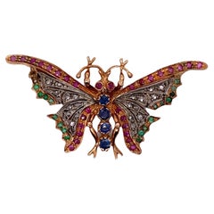 1940
s Diamond Sapphire Ruby Emerald Rose Gold Vintage Butterfly Pin Brooch