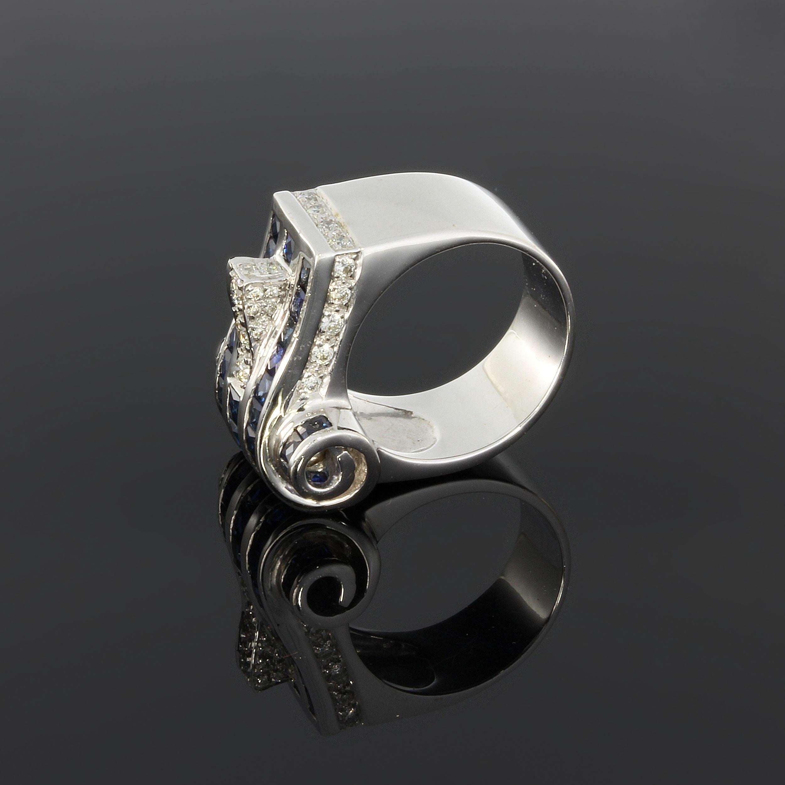 Brilliant Cut 1940s Diamond Sapphire White Gold Ring For Sale